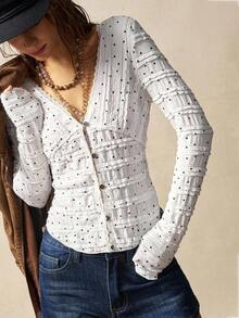 Bohemela 女士休闲纯色波尔卡圆点 V 领长袖毛衣，适合秋季、万圣节、圣诞节 - 白色 - 查看 7