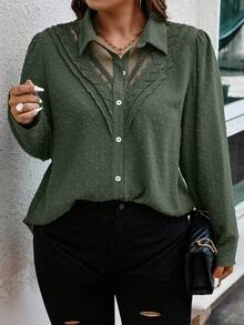 EMERY ROSE Plus Size Women's Contrast Lace Puff Sleeve Single-Breasted Casual Shirt - Army Green - View 1