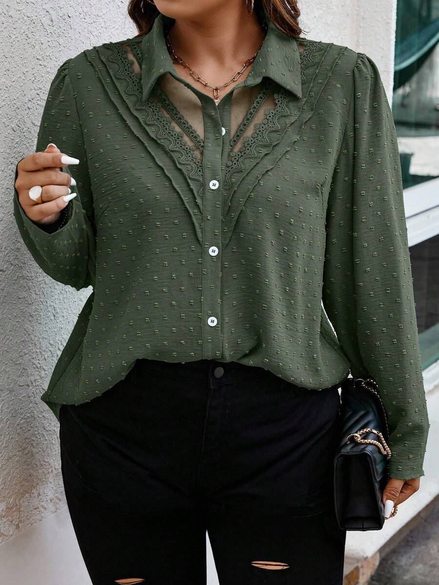 EMERY ROSE Plus Size Women's Contrast Lace Puff Sleeve Single-Breasted Casual Shirt - Army Green - View 1