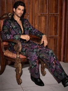 HIMLAND 2pcs/Set Men's Casual All-Over Print Suit Set