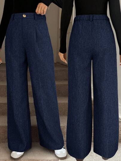 Easowa Kadın Düz Renk Katlı Pileli Cepli Günlük Pantolon, Sonbahar/Kış