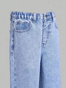 SHEIN ChillGRL Tween Girls' Light Blue Washed Denim Jeans With Bowknot Hem Design, Loose Straight Leg, High Waist, Versatile For Daily Wear, School, Commute, Party, Holiday, Back To School Fall Winter - Medium Wash - View 5