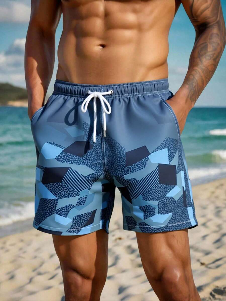 Manfinity Swimmode Men's Casual Drawstring Loose Wide Leg Beach Shorts, Summer