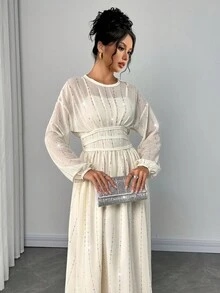 Gloray Women's Elegant Sequin Sheer Waist Cinched Long Sleeve Round Neck Dress