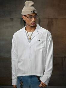 AXEPEAK 男士口袋设计波浪条纹长袖休闲衬衫，秋季款 - 米色 - 查看 5