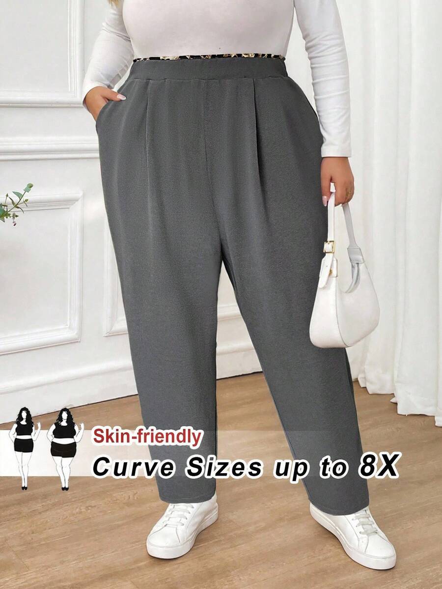 SHEIN CURVE+ 大码女装秋冬时尚休闲舒适豹纹拼接松紧腰口袋黑色裤子，女式下装，秋季女装，工作裤，教师服，曲线裤，办公室装，商务休闲女装 - 灰色 - 查看 1