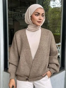 Livesso Women's Solid Color Drop Shoulder Long Sleeve Casual Knit Cardigan, Autumn/Winter Modest Fashion - Khaki - View 4