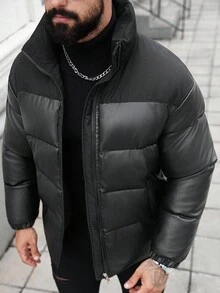 Manfinity Homme 男士长袖拉链开襟保暖冬装外套，宽松轻便 - 黑色 - 查看 6