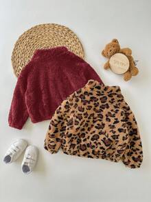 SHEIN 2pcs Babygirl Casual Fluffy Leopard Print Stand Collar Jacket, Versatile For Autumn/Winter - Multicolor - View 2