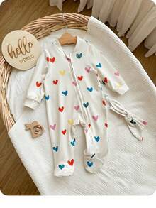 新生女婴可爱休闲针织心形图案长袖连体衣和头带套装 - 白色 - 查看 3
