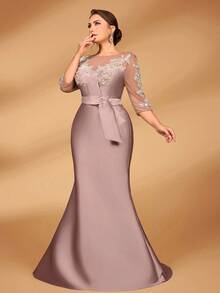 Serin Plus Size Autumn And Winter Elegant Gorgeous Luxury Lotus Pink Sequin Embroidery Stitching Satin Bow See-Through Long Sleeve Fishtail Skirt Suitable For Applique Design Suitable For Wedding Events Bachelorette Party Holiday Dance Dinner Bride Mother Evening Dress Guest Dress