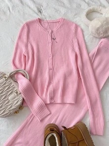 Elamini Bộ 2 món áo len cardigan tay dài cổ tròn màu hồng dễ thương cho nữ mặc ngoài trời và quần ống loe - Hồng - Xem 5