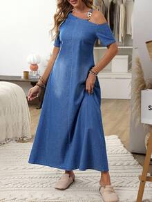 EMERY ROSE 女式休闲水洗不对称领长款牛仔连衣裙 - 藍色 - 查看 3