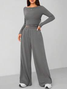 SHEIN PETITE Bộ đồ hai mảnh màu xám đậm mặc nhà thoải mái và dễ chịu cho nữ mùa thu đông áo len mỏng + quần ống rộng - Xám - Xem 7