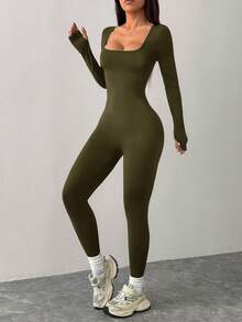 SHEIN PETITE Mono deportivo casual de punto negro con cuello cuadrado y ajustado para yoga - Verde militar - Ver 6
