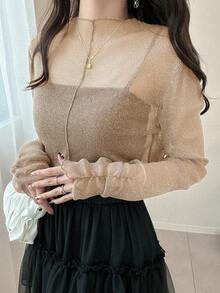 FRIFUL 女式休闲修身网眼透视多层高领长袖衬衫，袖口有褶饰 - 杏色 - 查看 5