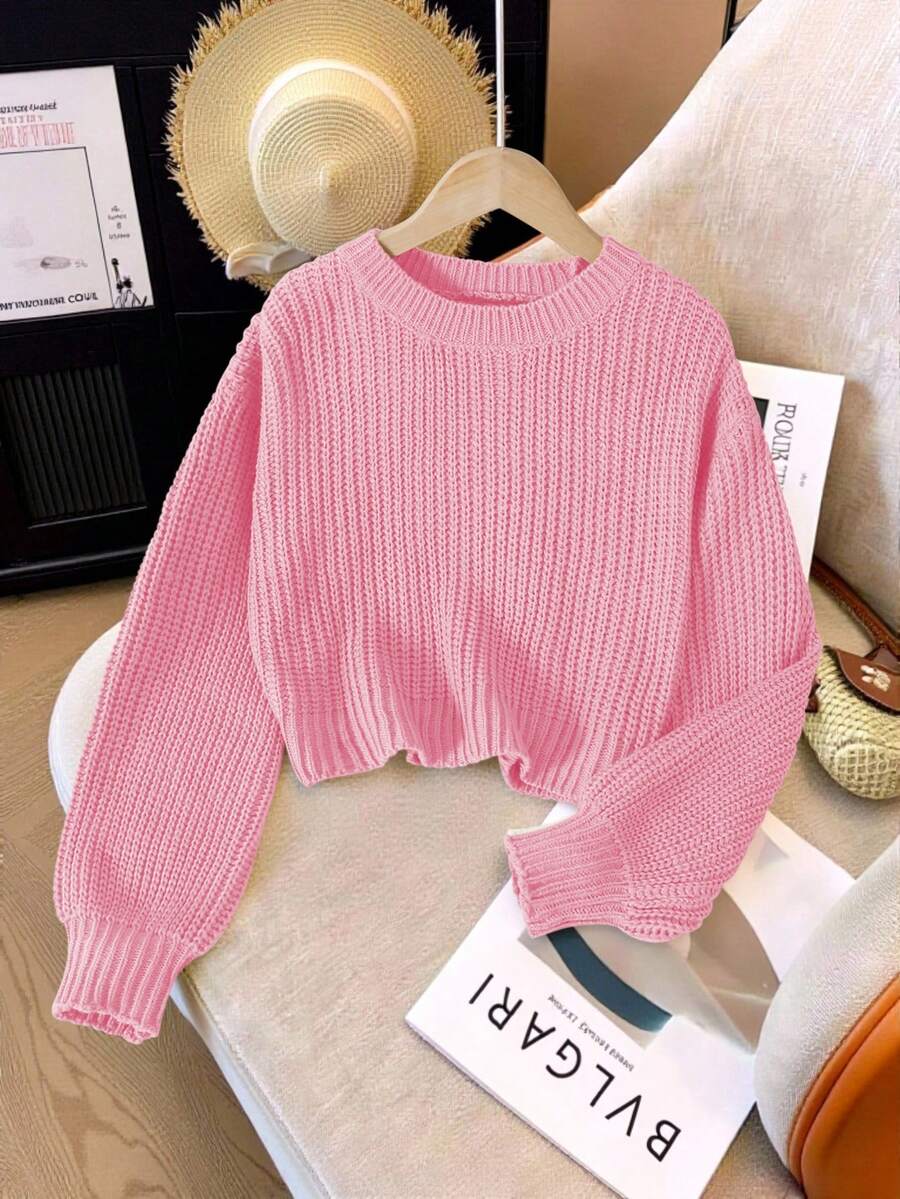 SHEIN 秋冬款青少年女孩休闲纯色短款毛衣 - 粉色 - 查看 1