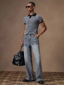 AKNOTIC 男士休闲直筒纯色修身喇叭牛仔裤，适合夏季、度假、日常穿着、派对、情侣装、男士礼物、毕业礼物 - 淺色水洗藍 - 查看 5