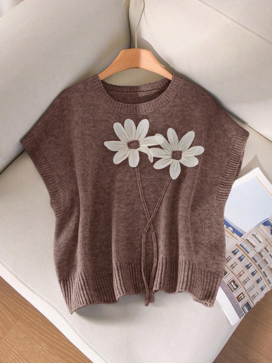 CosyJoli 加大码女式圆领无袖灰色针织上衣，花朵装饰胸围设计，休闲百搭套头衫，2025 年新款 - 紫紅色 - 查看 1