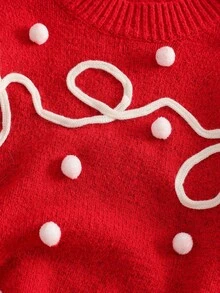 SHEIN Young Girl Colorblock Round Ball Decor Crew Neck Long Sleeve Sweater Fall Winter Christmas Halloween Sweater Autumn Fall Jumper - Red - View 11