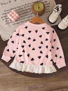 SHEIN Baby Girls' Fashion Embroidered Ruffle Hem Printed Sweatshirt Fall Winter - Pink - View 3