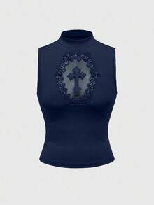 ROMWE J-Fashion 女士修身立领镂空十字绣上衣 - 藏蓝色 - 查看 1