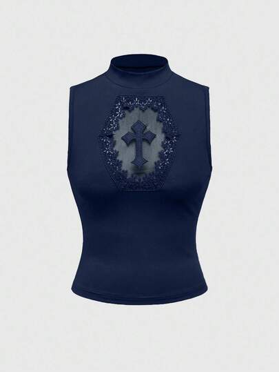 J-Fashion Women's Slim Fit Mandarin Collar Hollow Cross Embroidered Vest