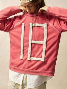 Bohemela Women's Casual Solid Color Knit Crew Neck Long Sleeve Loose Washed Top - Red - View 4
