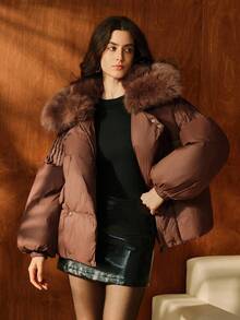 Anewsta Áo khoác ngắn dày cổ lông giả sang trọng ôm vừa vặn có túi khóa kéo kim loại dành cho nữ, thích hợp cho mùa thu, đông, năm mới, thanh lịch, sang trọng, sành điệu, giáng sinh, đi chơi - màu nâu - Xem 8