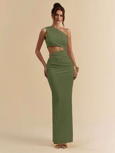 SHEIN BAE White Asymmetric Ruched Bodycon High Slit Dress, Beach Resort White Dress, Bohemian Dress