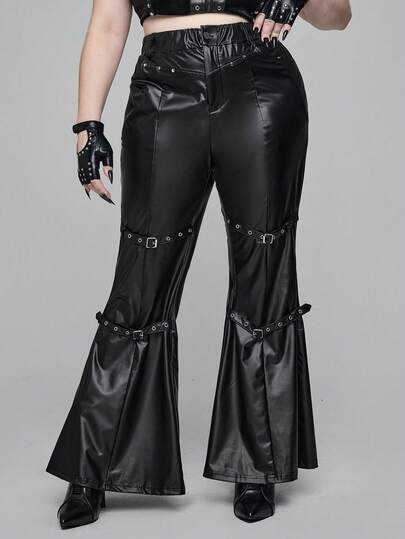 EDITION Plus Size Gothic Leather Lace Patchwork Flare Pants, Plus Size Sexy Tight Fitting Party Bodycon Leggings, Autumn/Winter Pants, Plus Size Women Leather Pants, Party Leather Pants