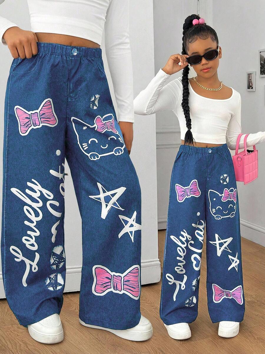 Sparklyn 青少年女孩松紧腰宽松印花阔腿裤，适合街头和日常穿着，春秋季