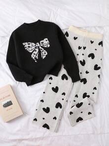 Genkimix Kids 2pcs Tween GirlsCute & Sweet Sweater Set, Crew Neck Bowknot Chunky Knit Long Sleeve Top Paired With Loose Fit Wide Leg Heart Pattern Pants Fall Winter - Black and White - View 1