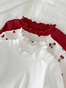 SHEIN 3 件套女婴可爱印花罗纹面料荷叶边下摆长袖套装，秋冬 - 彩色 - 查看 5