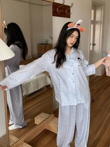 DAZY 卡通女孩英文图案条纹宽松长袖和裤子两件套女士睡衣套装，秋季衣服 - 藍色 - 查看 9