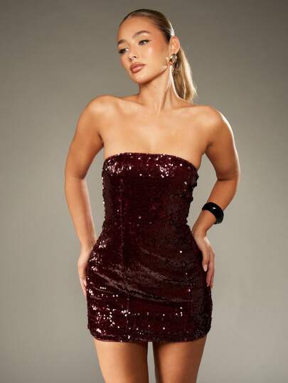MISSGUIDED Strapless Sequin Mini Dress Bodycon Party Club Evening Bandeau New Year Burgundy Wine Holiday Sparkle Clubwear Short Special Occasion Dress