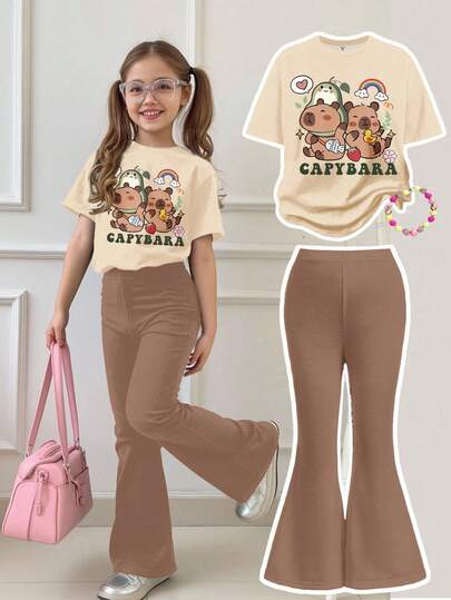 SHEIN Cute Capybara Pattern, Merlot Color Scheme, Young Girl Casual Cartoon Graphic Round Neck Short Sleeve Top And Flare Pants 2-Piece Set, Suitable For Summer, Chill