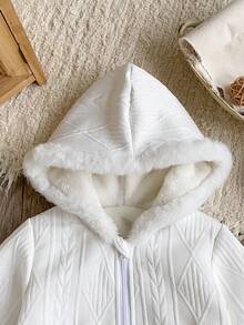 SHEIN 女宝宝加厚休闲连帽抓绒外套，适合秋冬季外出 - 白色 - 查看 3