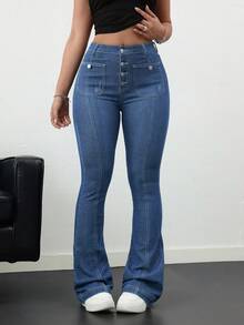 SHEIN PETITE CURVE 大码女式纽扣前袋喇叭裤休闲牛仔裤，适合夏季、秋季返校季、返校节等场合，可爱千禧风，机场时尚，低调复古，适合教师等场合。 - 中等水洗藍 - 查看 6