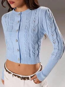 TRNVIE 1 pieza Cárdigan de mujer, azul, otoño/invierno, cuello redondo único, tejido retorcido, cintura ceñida, diseño de botón de strass, elegante - Celeste - Ver 3