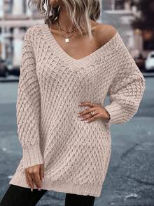 EMERY ROSE Women's V-Neck Dropped Shoulder Long Sleeve Loose Casual Vacation Sweater, Autumn/Winter