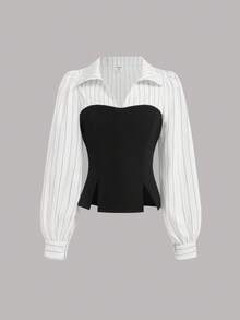 Tween Girls' Splice 2 In 1 Waist Knitted Striped Long Sleeve Shirt - Casual Retro Teenage Office Formal Blouse - Black and White - View 5