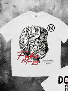 Manfinity EMRG US Dollar Bill Front & Back Print Oversized Loose Drop Shoulder Short Sleeve White Tee Shirt For Men, Fashionable Streetwear - White - View 3
