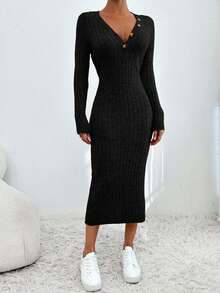 EURMUSE V-ringning med knappar Midi tröjklänning Casual Elegant Enkel - Svart - Visa 4