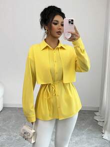Elenzga Women's Yellow Drop Shoulder Long Sleeve Single-Breasted Casual Shirt - Yellow - View 4