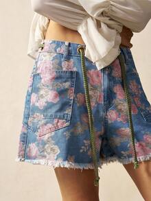 Bohemela Shorts sueltos de estilo campestre y vacacional bohemio con estampado tejido de mezclilla para mujeres