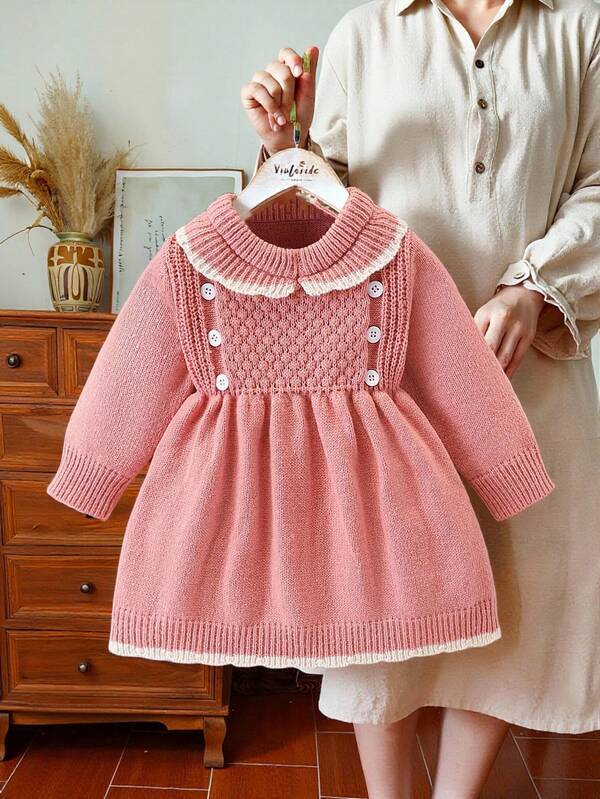 SHEIN Vintaside Kids Baby Mädchen rosa Rundhals gestricktes Sweaterkleid, geeignet für Ausflüge, Herbst/Winter