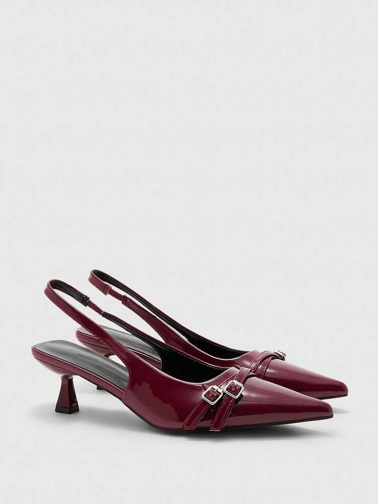 CUCCOO BIZCHIC Scarpin Slingback de Salto Gatinho Bico Fino Bordô Feminino, Versátil para Uso Diário, Festa, Casual, Trabalho