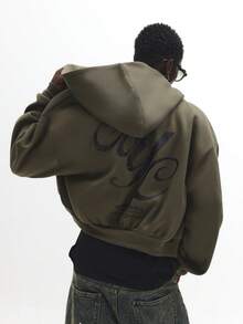 SUMWON Retro Graffiti Style Full Zip Winter Hoodie Casual Street Style Urban Wear With Back Text Print And Front Logo - Green - View 5