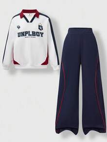 SHEIN Explorewe Tween 男童运动复古 V 领撞色 POLO 衫，长袖翻领宽松印花摩托车拼接上衣和藏青色梭织运动直筒红色条纹设计长裤，2 件套，此款采用优质面料制成，亲肤，适合春秋冬穿着，适合圣诞节和万圣节氛围 - 彩色 - 查看 3